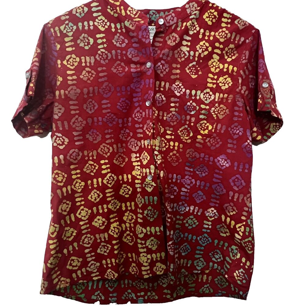 Orvis Womens Top M Button Up Batik Print Short Sleeve Cotton